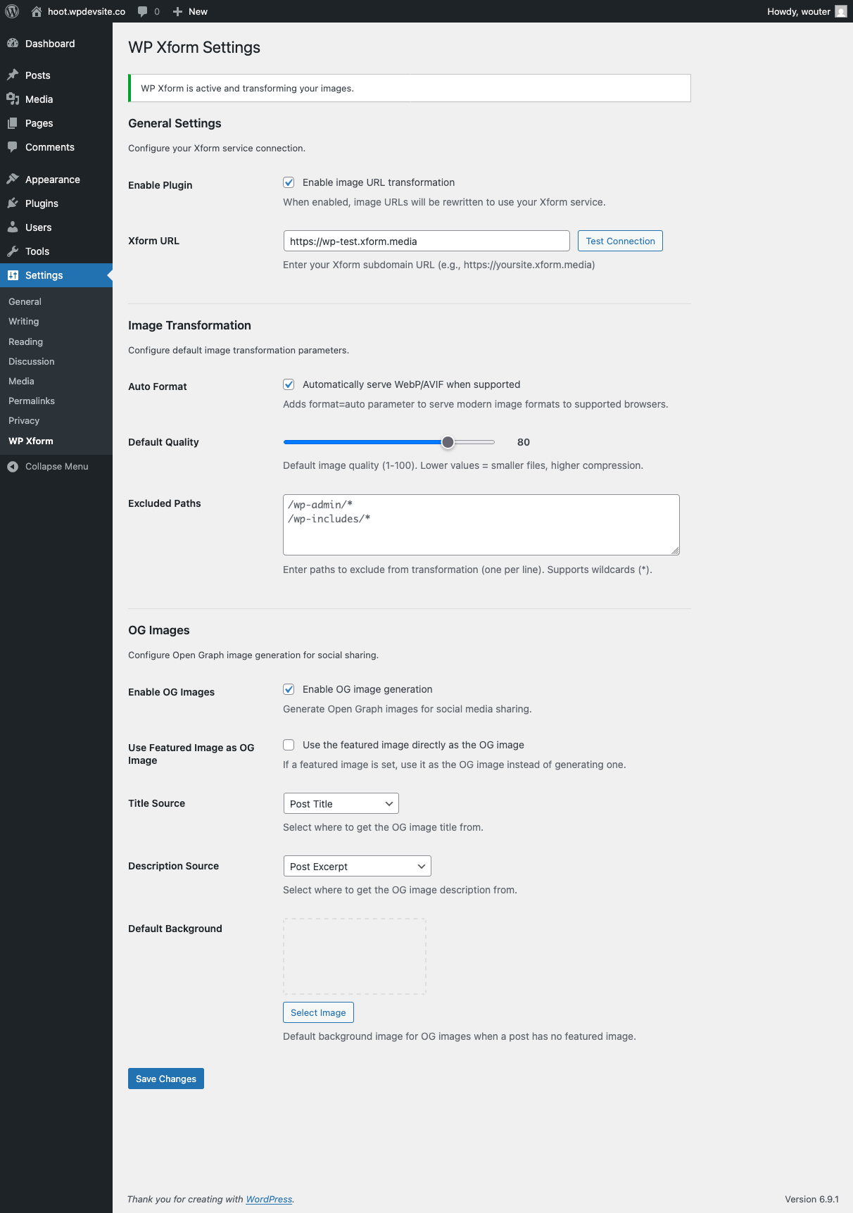 WP Xform settings page in the WordPress admin